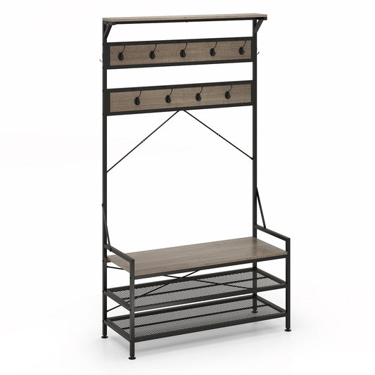 Coat Rack 4-In-1 Hall Tree with 11 Hanging Hooks Shoe Bench-Gray