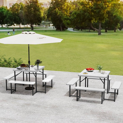 Outdoor Square Picnic Table Bench Set for 4-8 People with Umbrella Hole-Black