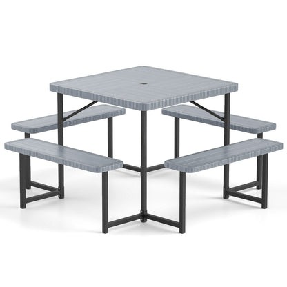 Outdoor Square Picnic Table Bench Set for 4-8 People with Umbrella Hole-Black