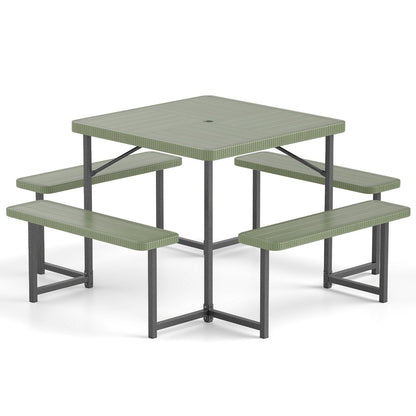 Outdoor Square Picnic Table Bench Set for 4-8 People with Umbrella Hole-Black