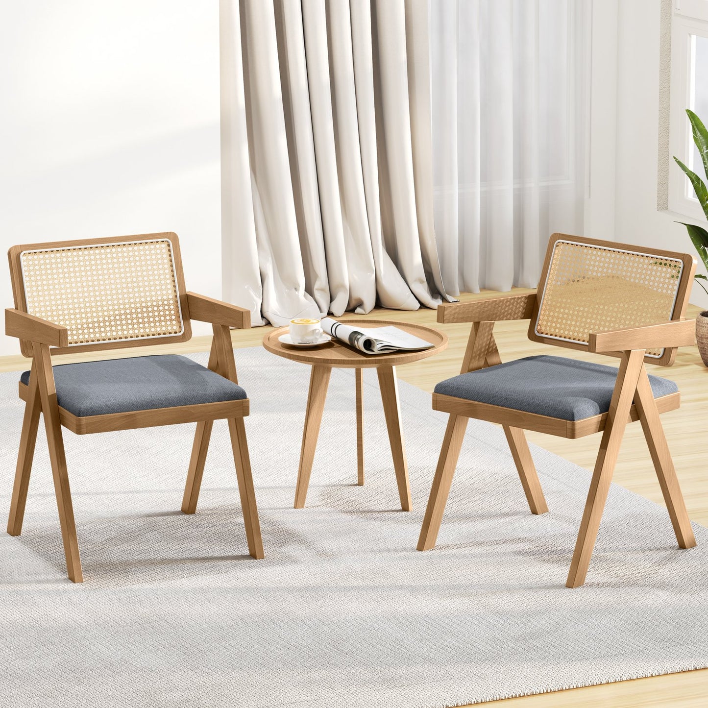 Set of 2 Rattan Accent Chairs with Padded Cushion and Rubber Wood Frame-Beige