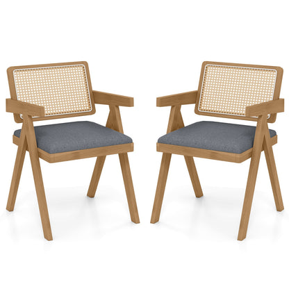 Set of 2 Rattan Accent Chairs with Padded Cushion and Rubber Wood Frame-Beige