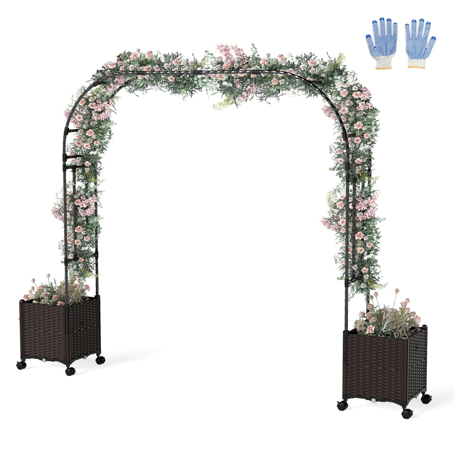 6.6 Feet Garden Arch Trellis with 2 Planter Boxes and Lockable Wheels-Black