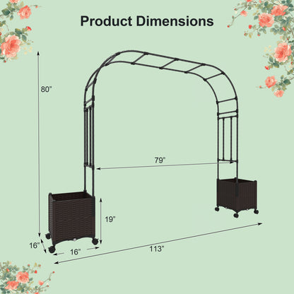 6.6 Feet Garden Arch Trellis with 2 Planter Boxes and Lockable Wheels-Black