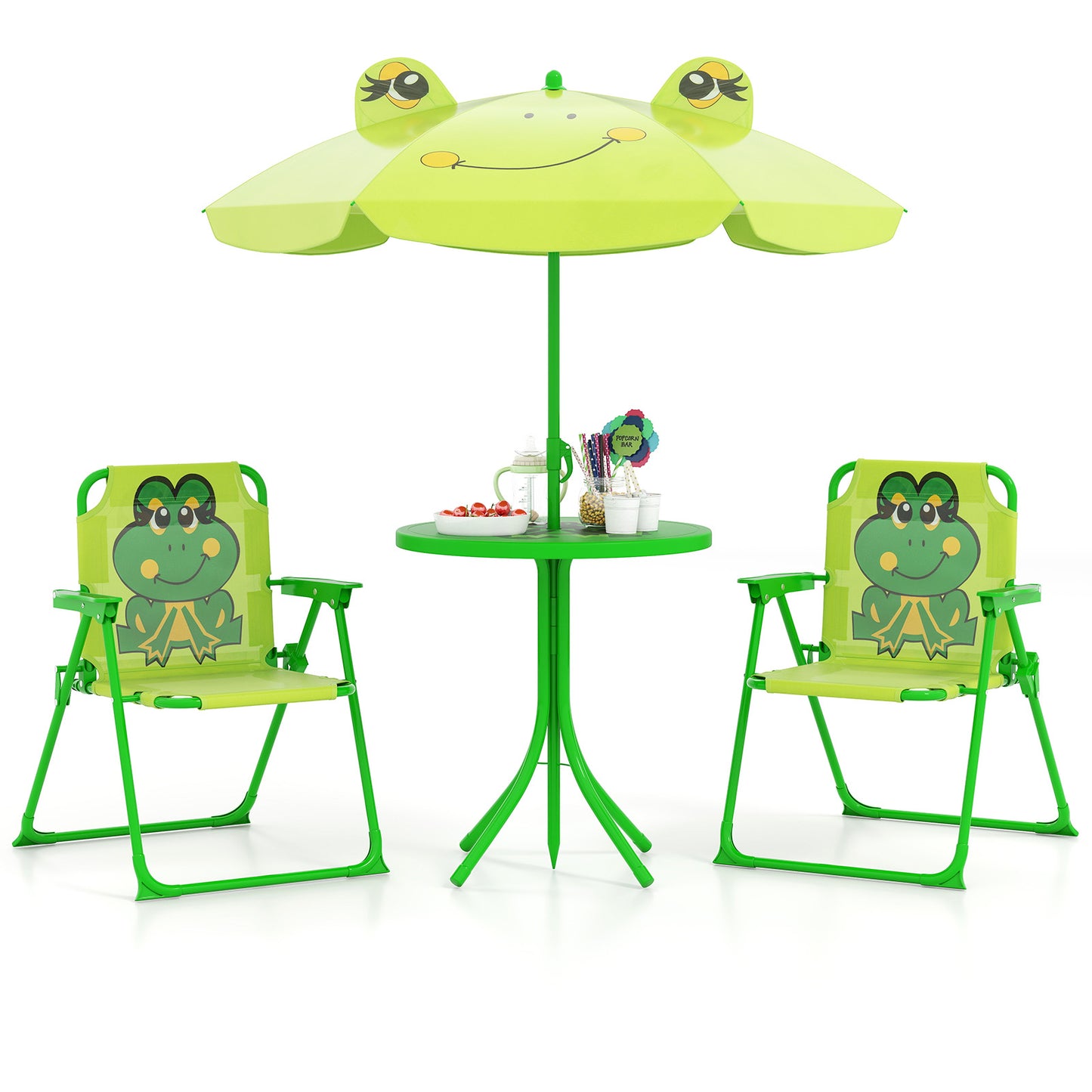 4 Pieces Kids Picnic Set with 2 Folding Chairs and Height Adjustable Umbrella-Brown