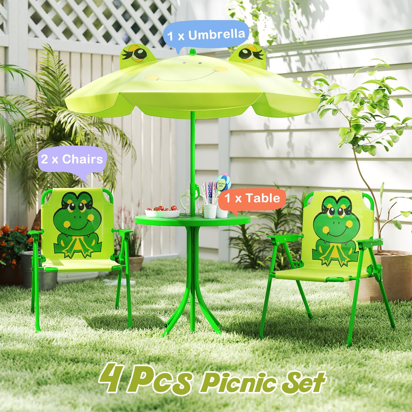 4 Pieces Kids Picnic Set with 2 Folding Chairs and Height Adjustable Umbrella-Brown