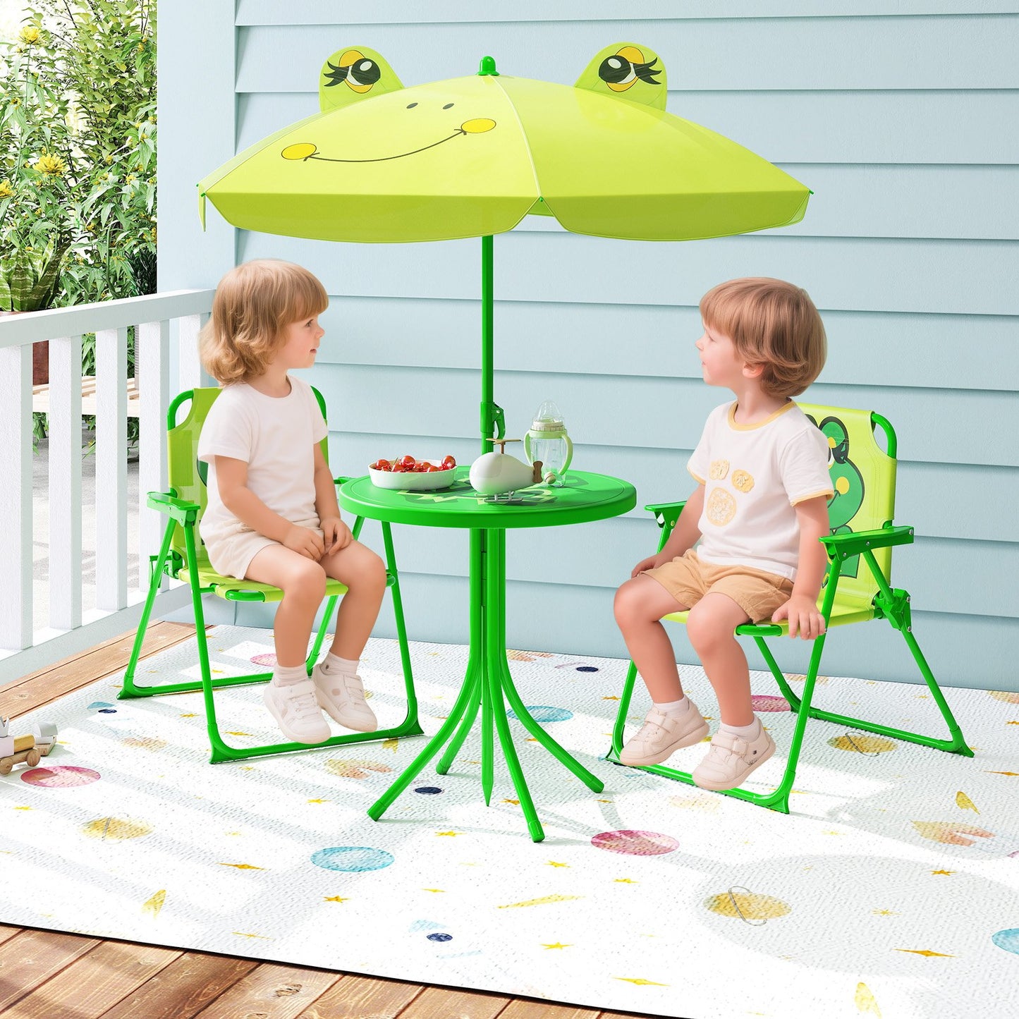 4 Pieces Kids Picnic Set with 2 Folding Chairs and Height Adjustable Umbrella-Brown