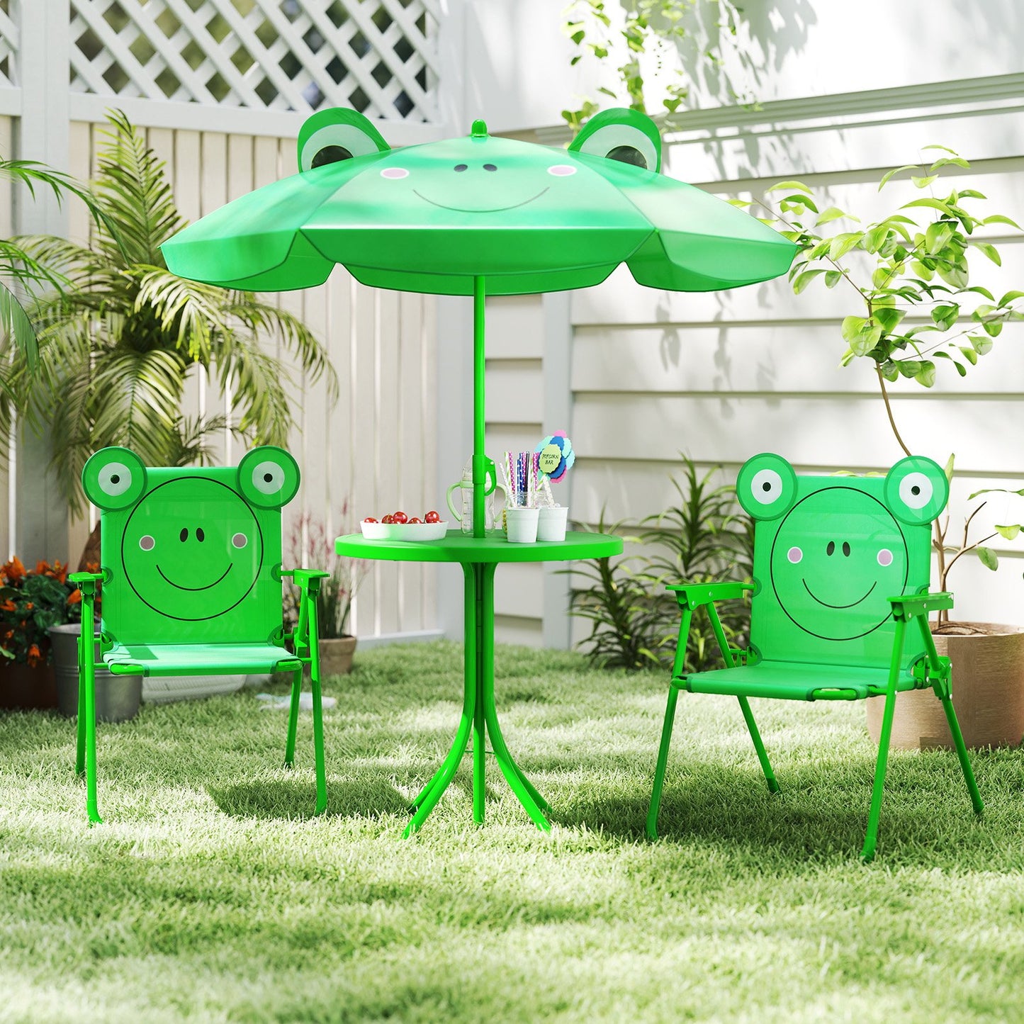 4 Pieces Kids Picnic Set with 2 Folding Chairs and Height Adjustable Umbrella-Brown