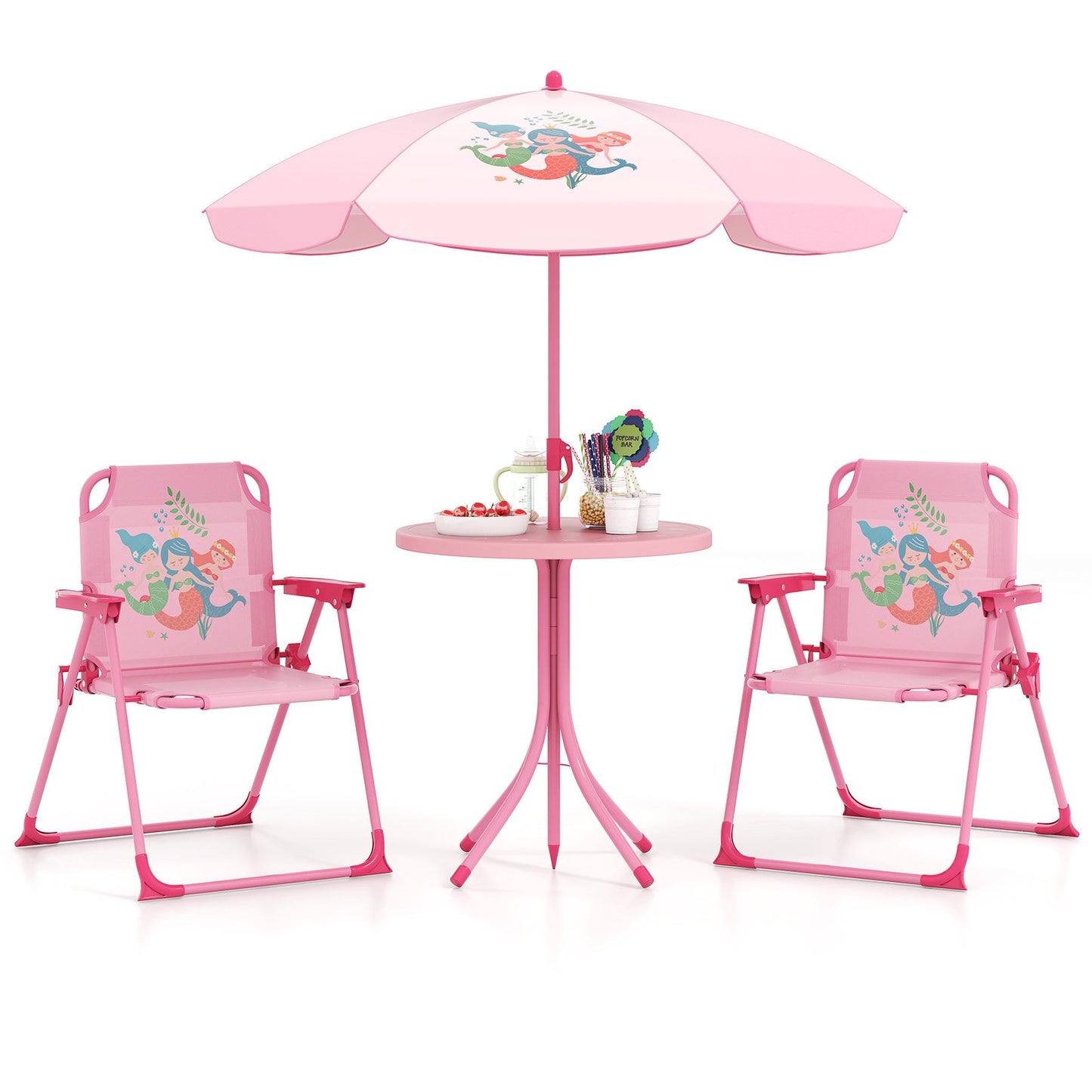 4 Pieces Kids Picnic Set with 2 Folding Chairs and Height Adjustable Umbrella-Brown