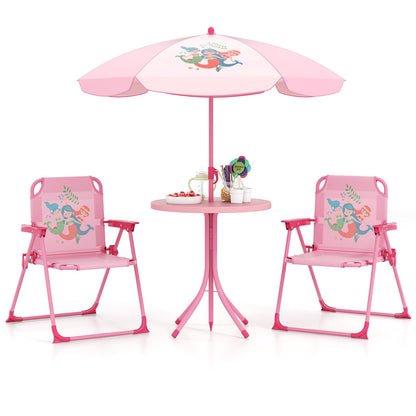 4 Pieces Kids Picnic Set with 2 Folding Chairs and Height Adjustable Umbrella-Brown