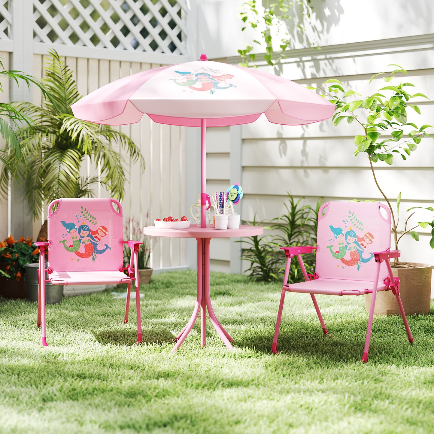 4 Pieces Kids Picnic Set with 2 Folding Chairs and Height Adjustable Umbrella-Brown
