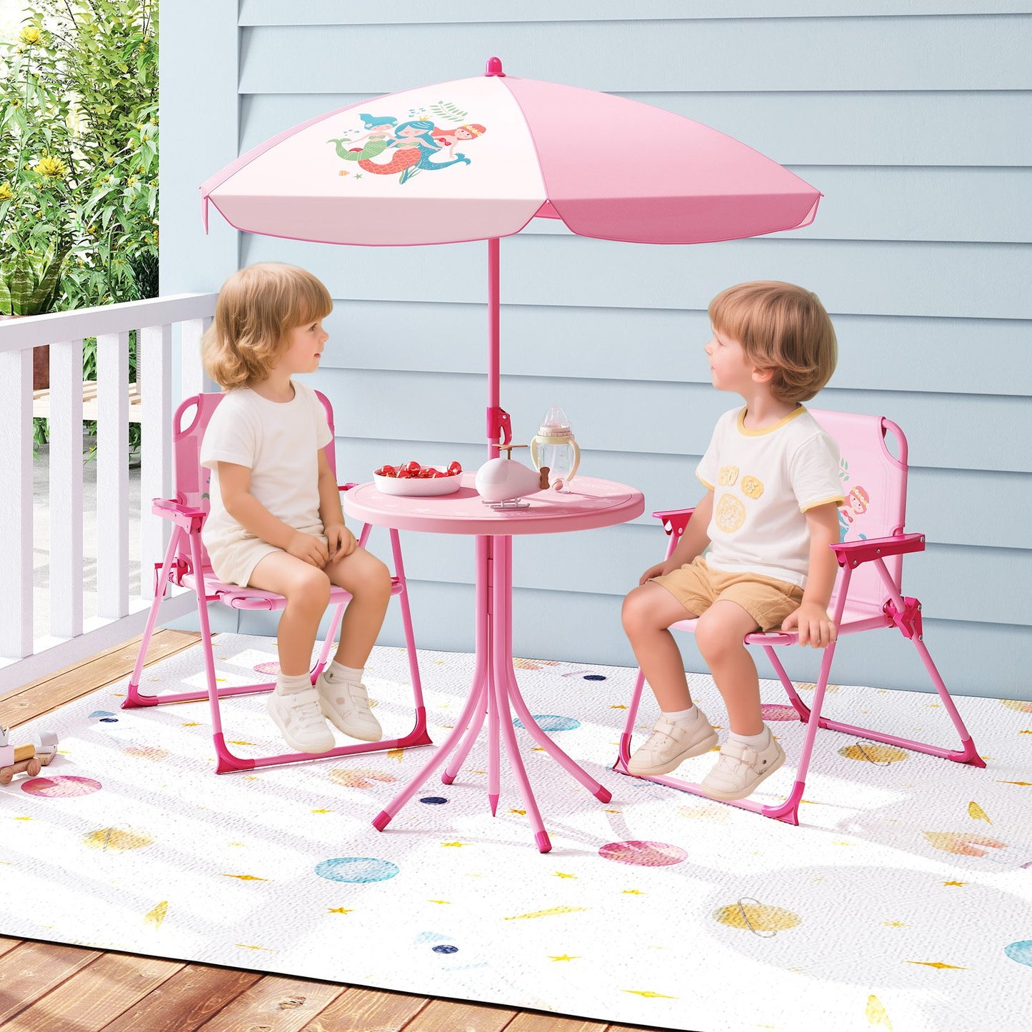 4 Pieces Kids Picnic Set with 2 Folding Chairs and Height Adjustable Umbrella-Brown