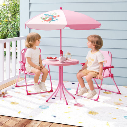 4 Pieces Kids Picnic Set with 2 Folding Chairs and Height Adjustable Umbrella-Brown