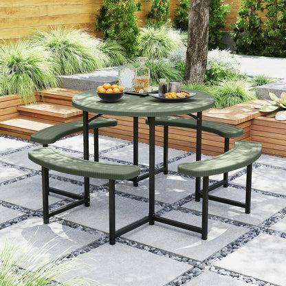 Round Picnic Table Bench Set with 4 Benches and Umbrella Hole for Patio Lawn-Black