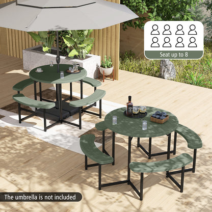 Round Picnic Table Bench Set with 4 Benches and Umbrella Hole for Patio Lawn-Black