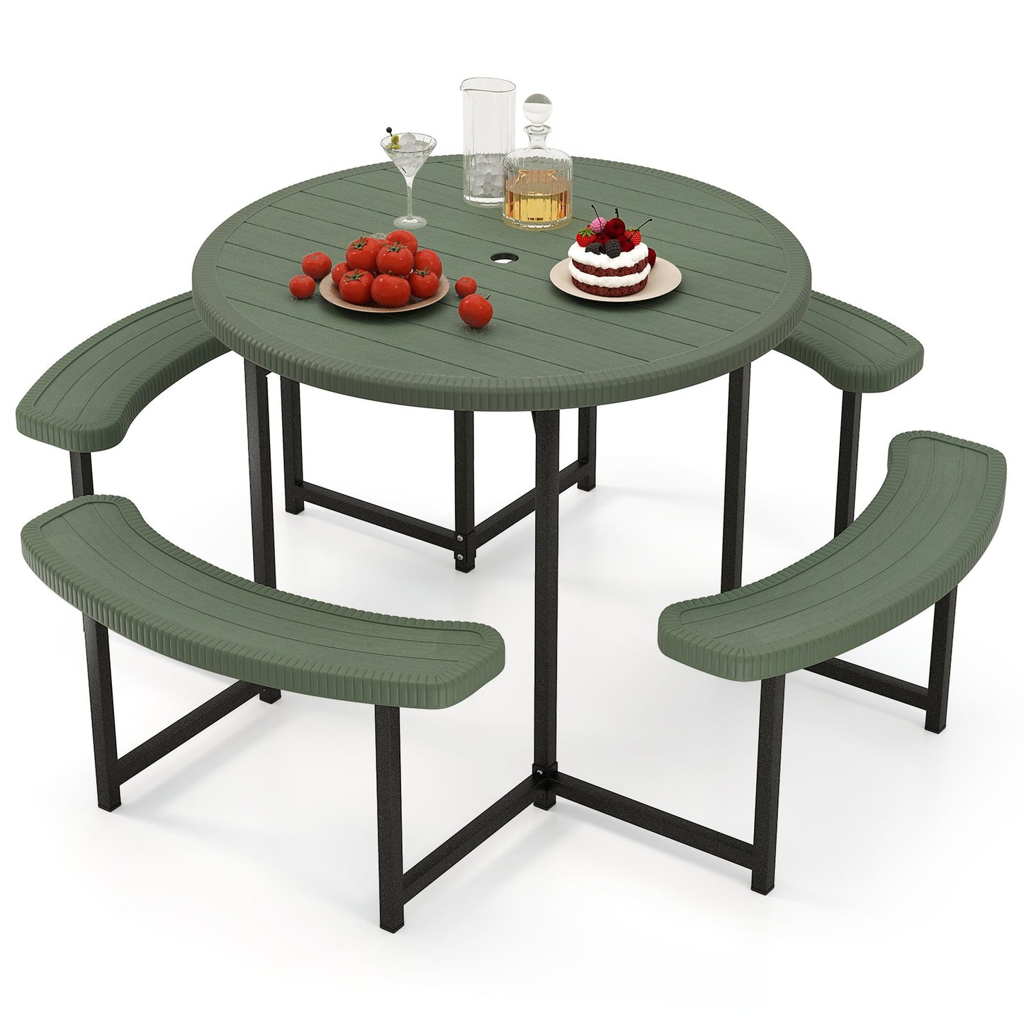 Round Picnic Table Bench Set with 4 Benches and Umbrella Hole for Patio Lawn-Black