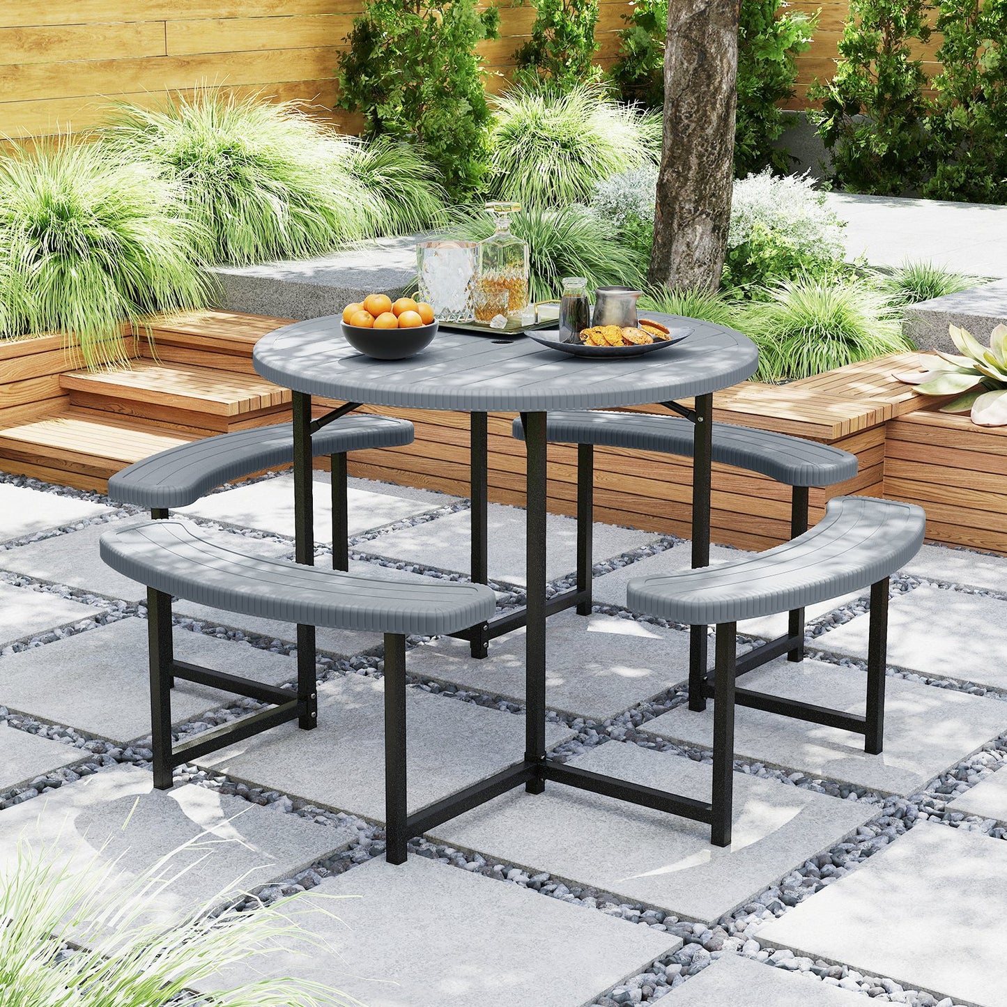 Round Picnic Table Bench Set with 4 Benches and Umbrella Hole for Patio Lawn-Black