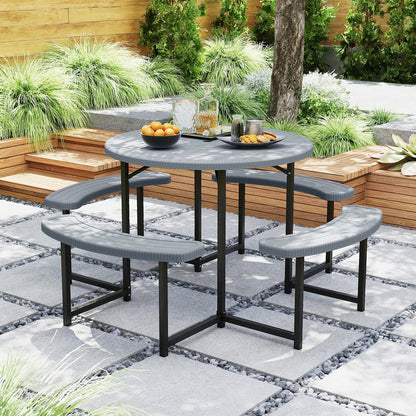 Round Picnic Table Bench Set with 4 Benches and Umbrella Hole for Patio Lawn-Black