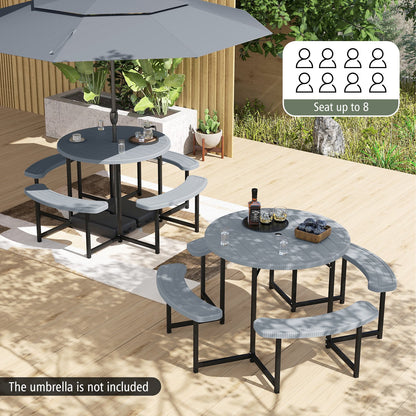 Round Picnic Table Bench Set with 4 Benches and Umbrella Hole for Patio Lawn-Black