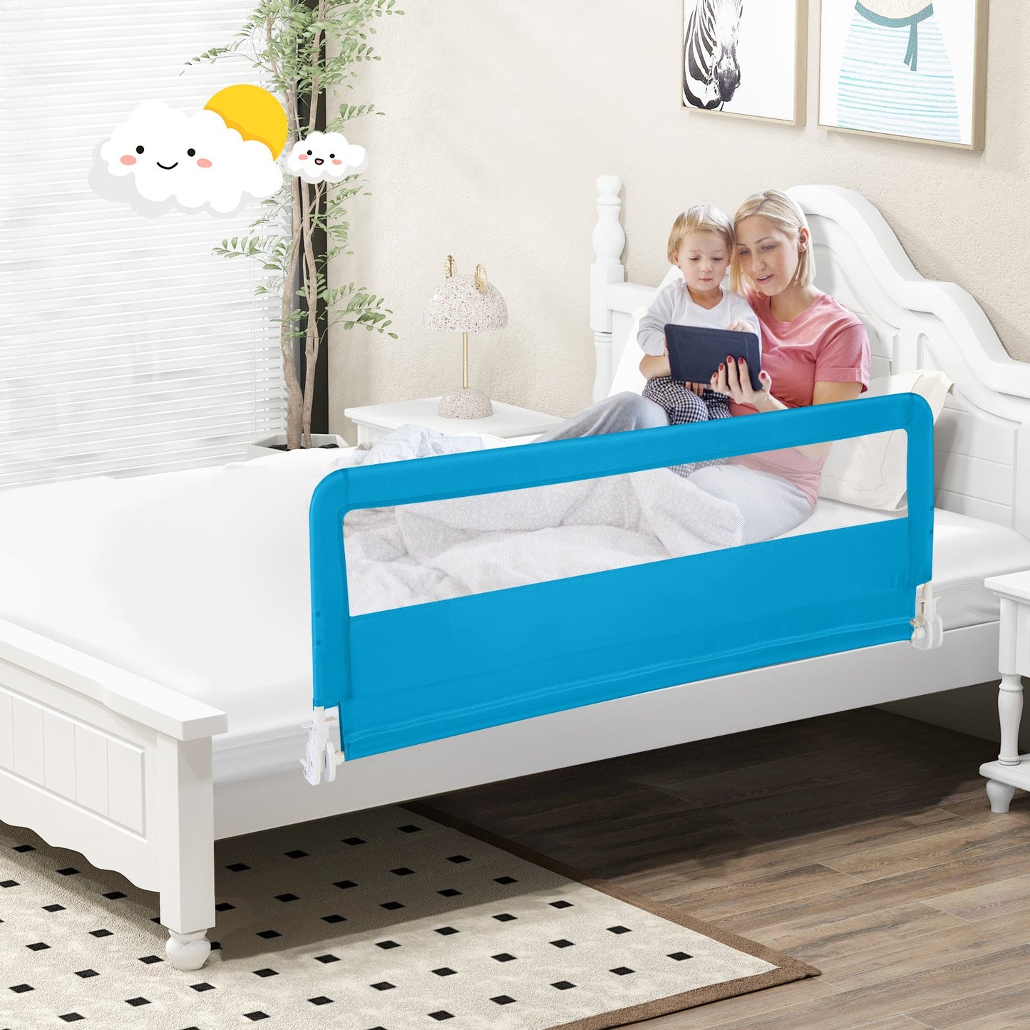 59 Inch Extra Long Folding Breathable Baby Children Toddlers Bed Rail Guard with Safety Strap-Beige