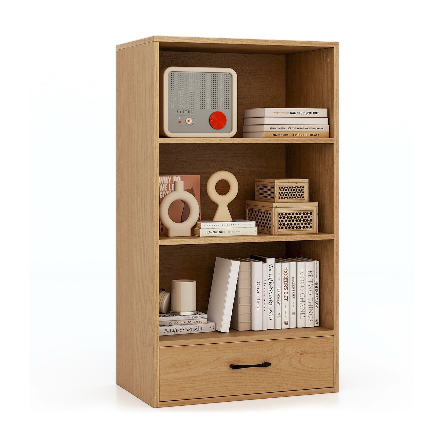 48 Inch Tall 4 Tiers Wood Bookcase with Drawer-Black