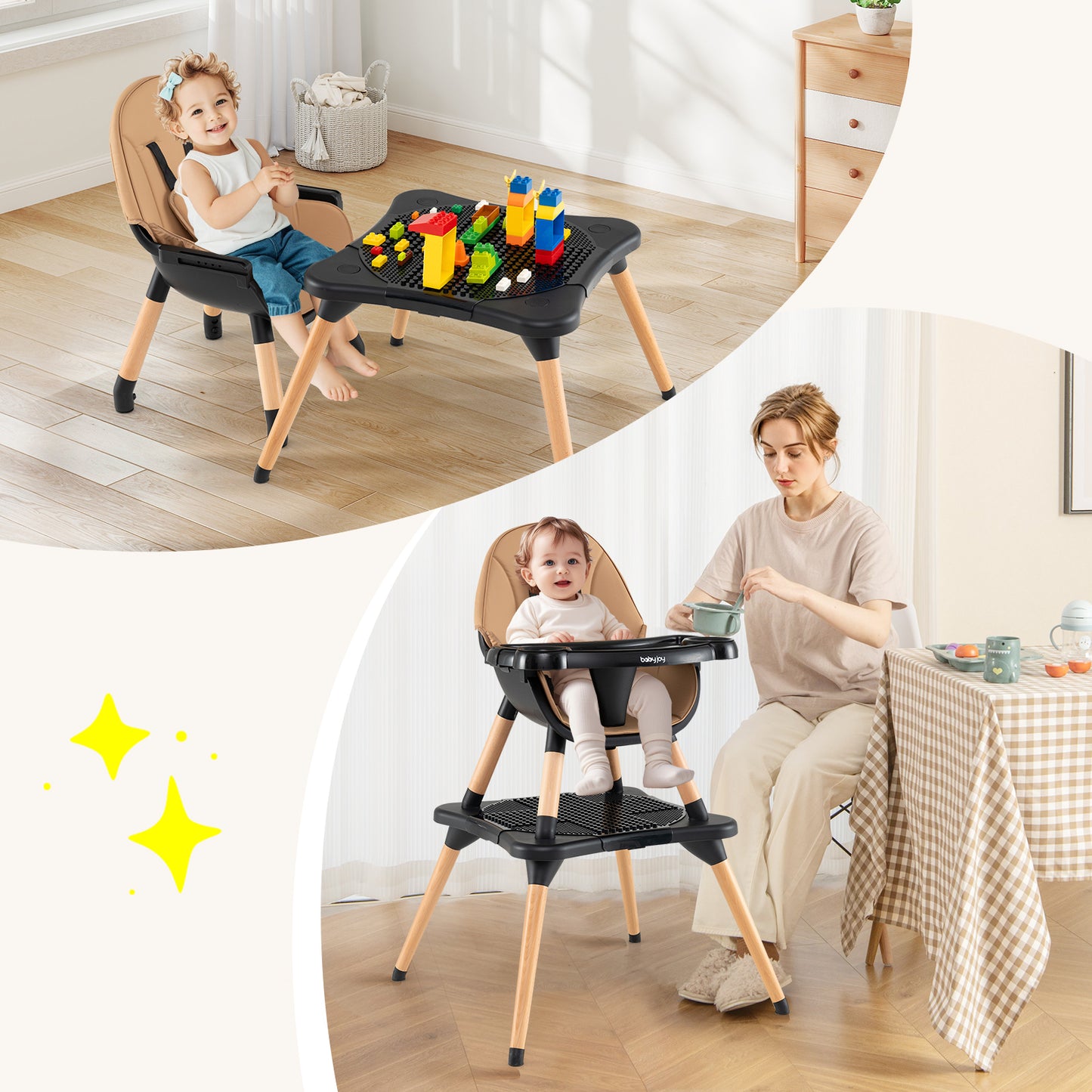 5-in-1 Baby Wooden Convertible High Chair -Khaki