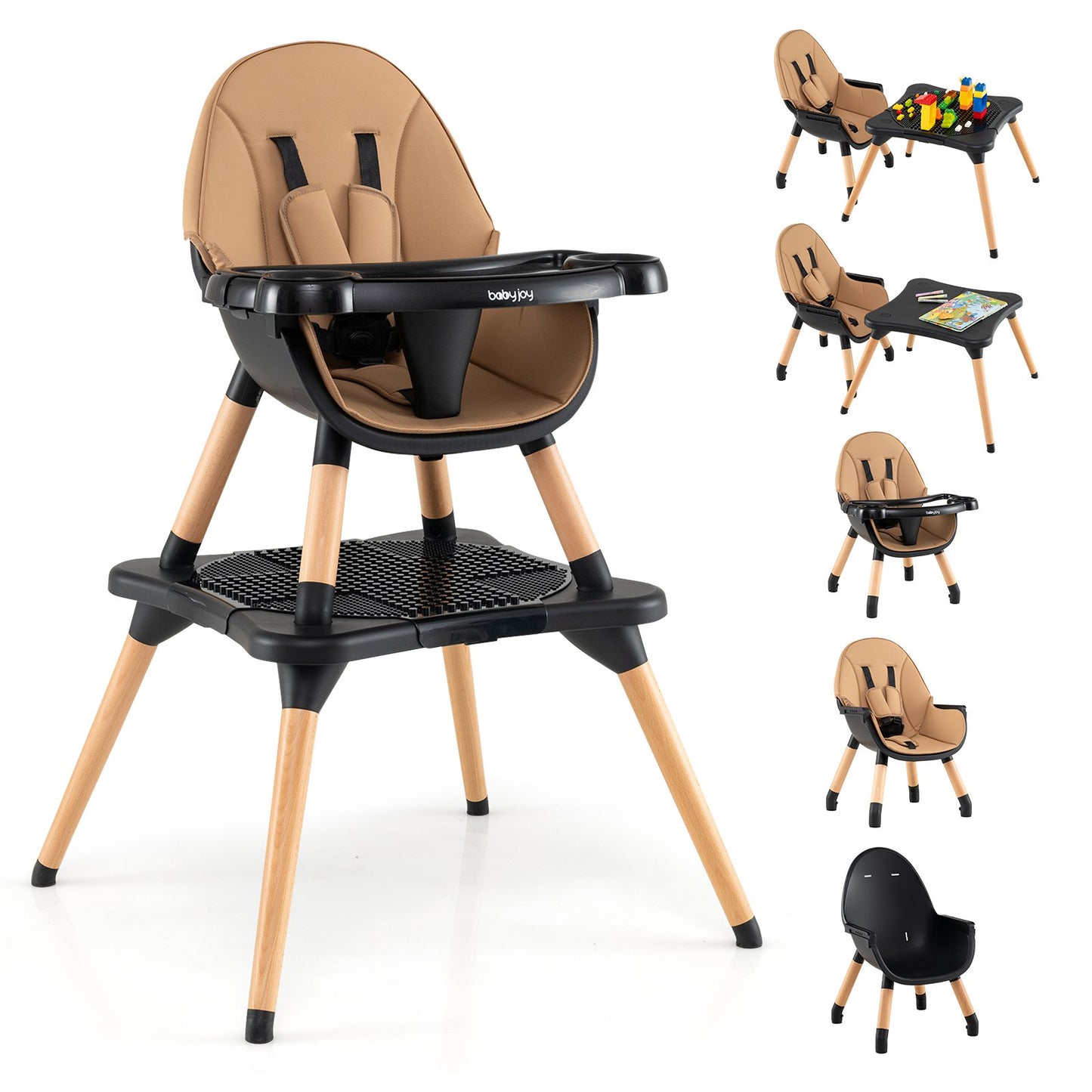 5-in-1 Baby Wooden Convertible High Chair -Khaki