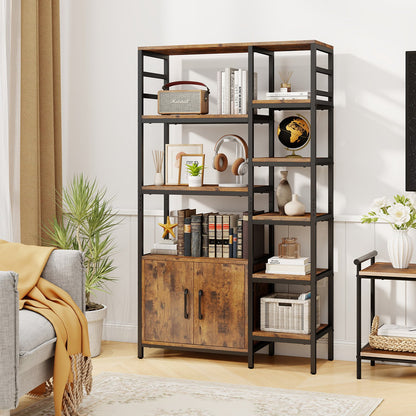 Double Wide 8-Tier Bookshelf with 2-Door Cabinet for Living Room Home Office-Rustic Brown