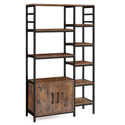 Double Wide 8-Tier Bookshelf with 2-Door Cabinet for Living Room Home Office-Rustic Brown