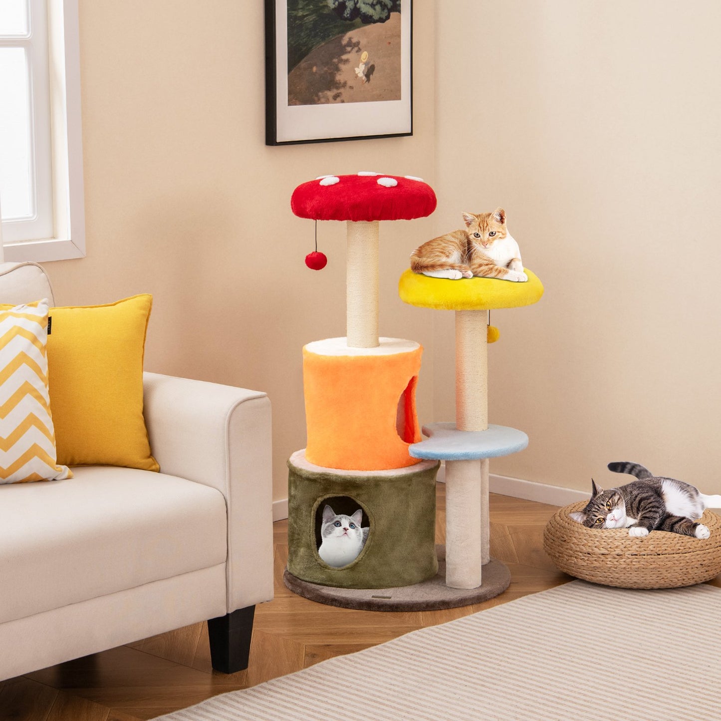 43 Inch Tall Cat Tree Cute with 2 Condos and Padded Platforms-Multicolor
