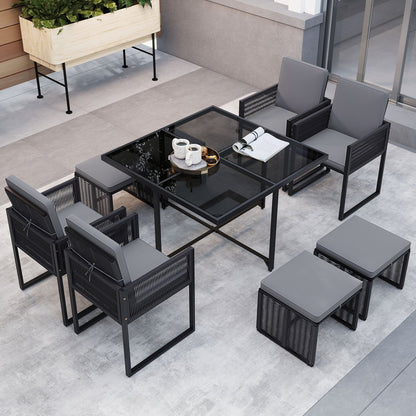 9 Pieces Patio Dining Set with Cushions for Yard Garden-Gray