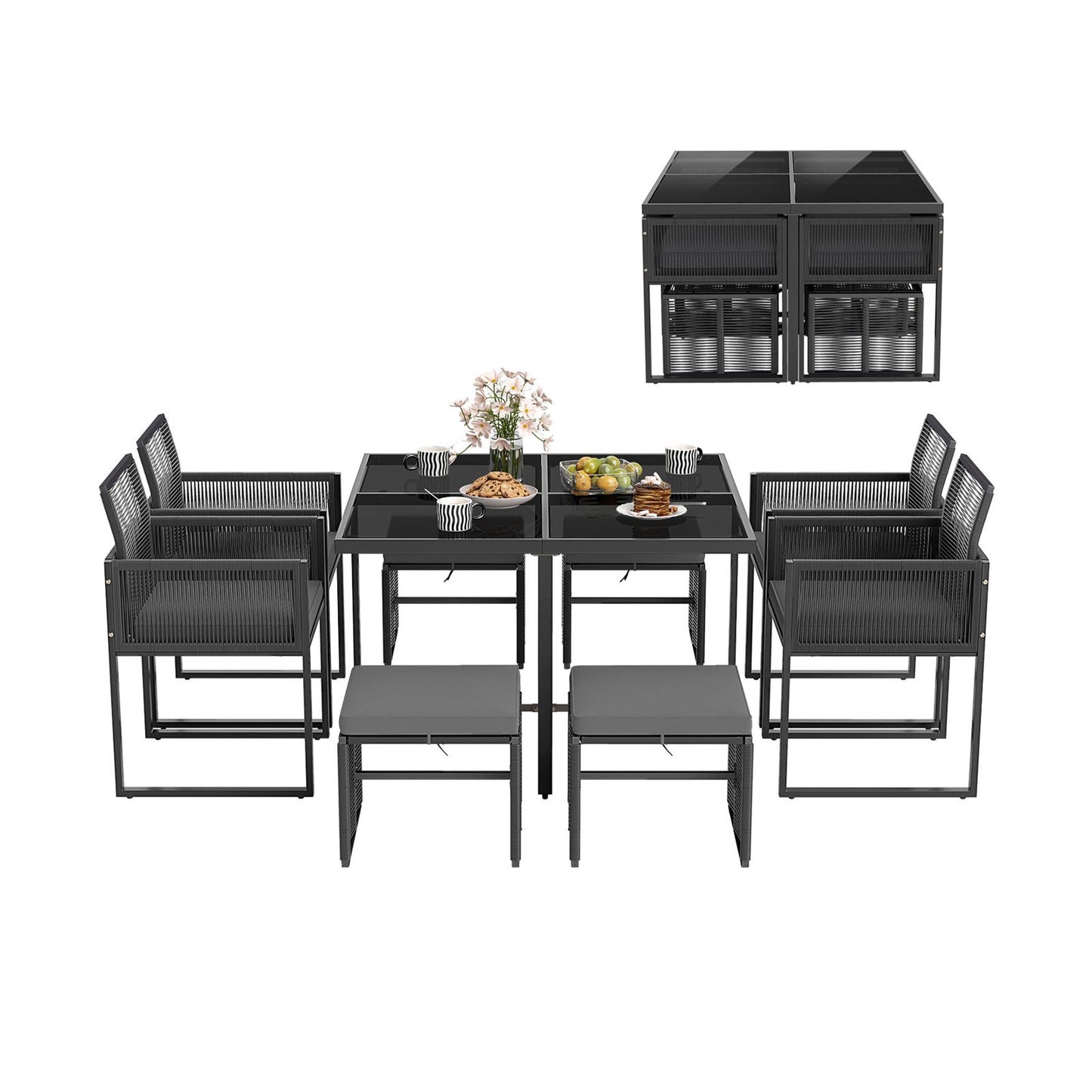 9 Pieces Patio Dining Set with Cushions for Yard Garden-Gray