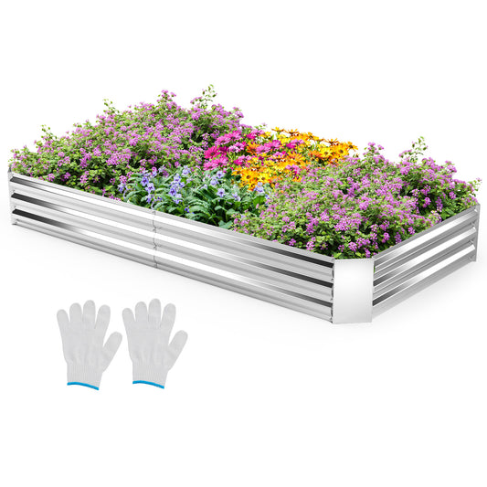 Metal galvanized raised garden bed with open-ended base, 8 x 4 ft, suitable for outdoor gardening and vegetable planting.