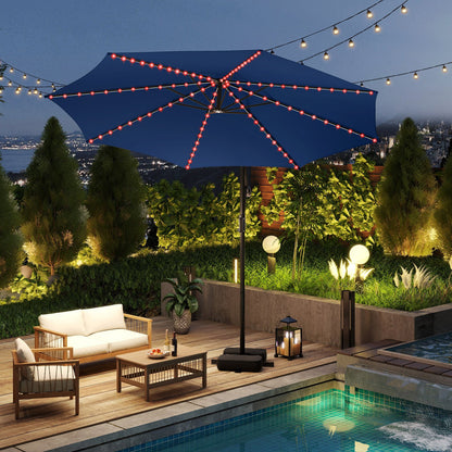 10 Feet Solar Offset Hanging Umbrella with Base and LED Lights-Beige