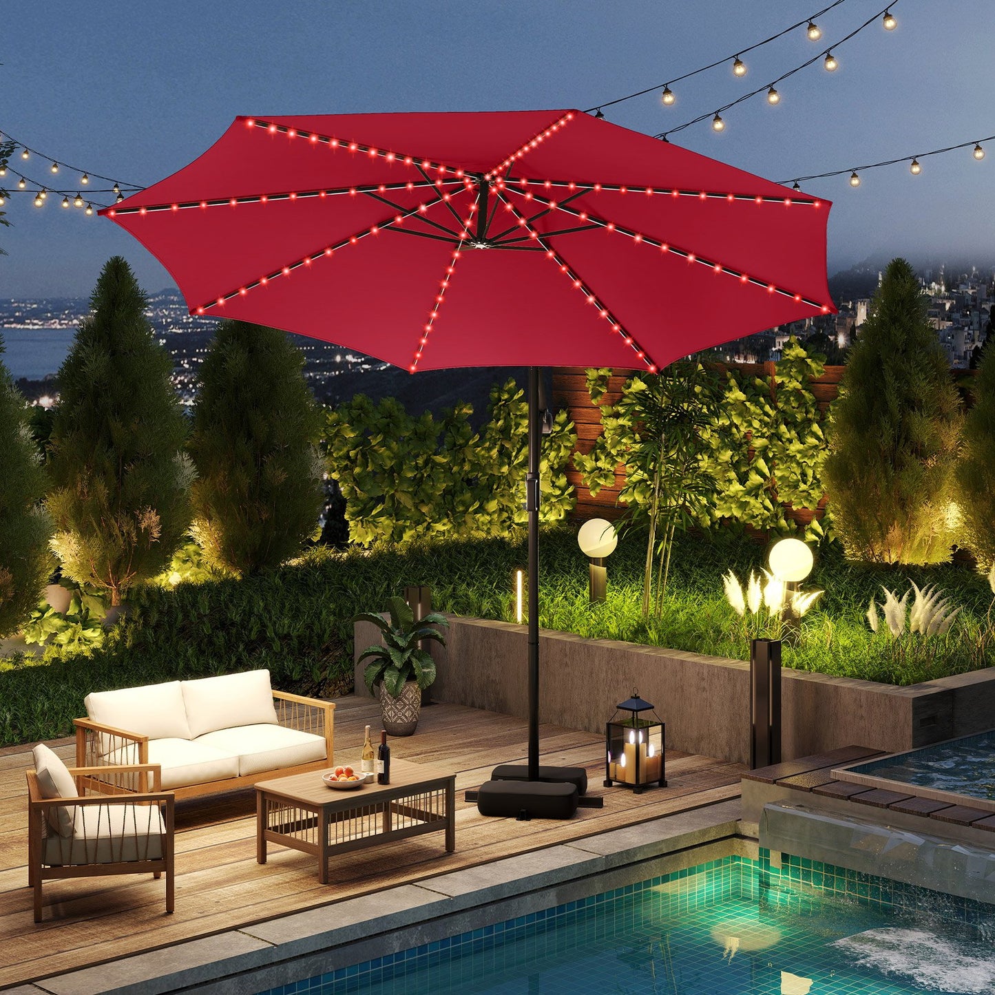 10 Feet Solar Offset Hanging Umbrella with Base and LED Lights-Beige