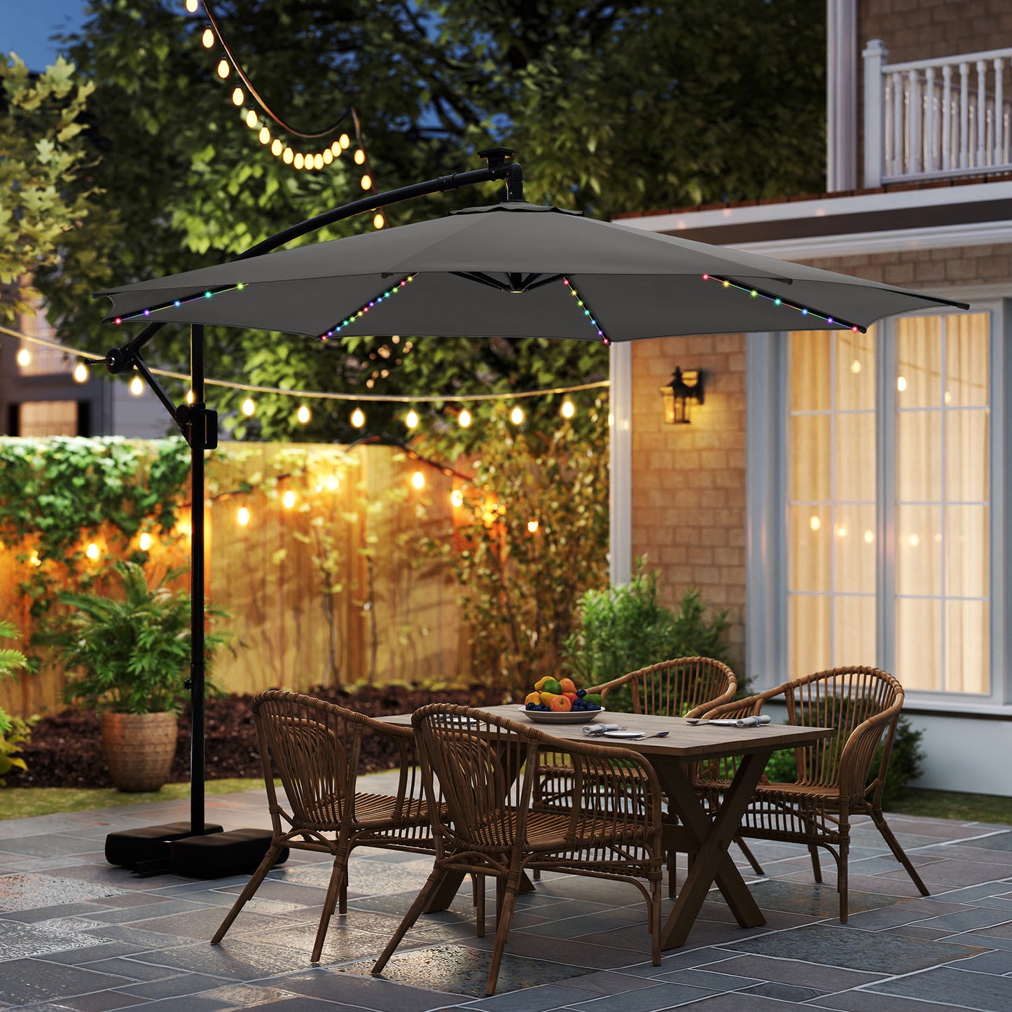10 Feet Solar Offset Hanging Umbrella with Base and LED Lights-Beige