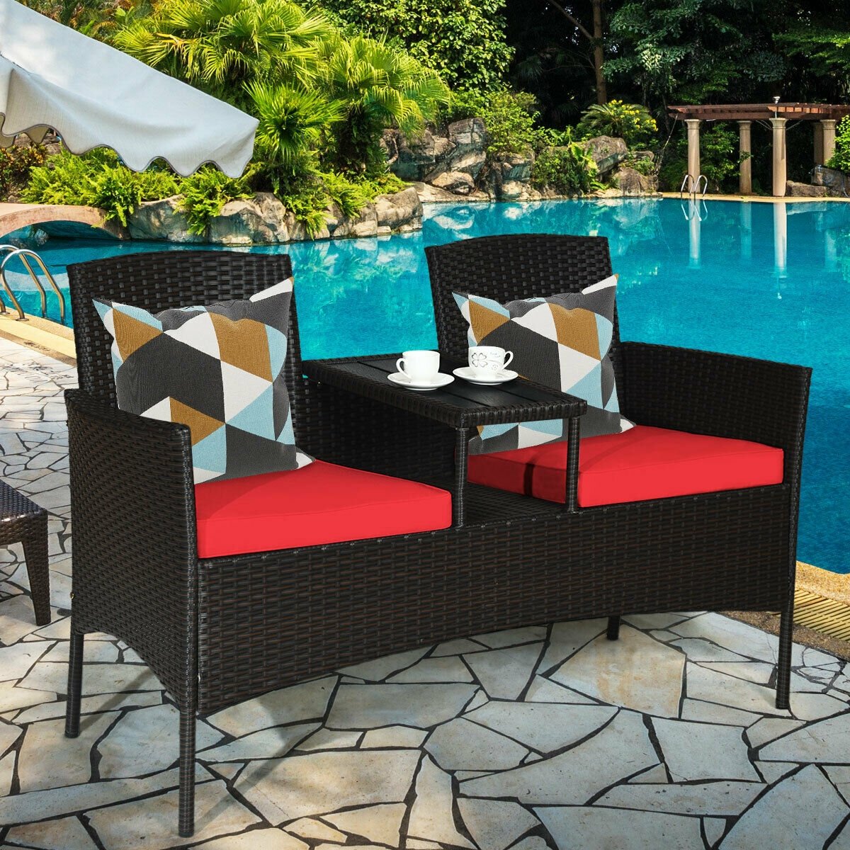 Modern Patio Conversation Set with Built-in Coffee Table and Cushions-Beige