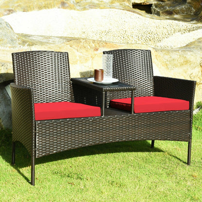 Modern Patio Conversation Set with Built-in Coffee Table and Cushions-Beige