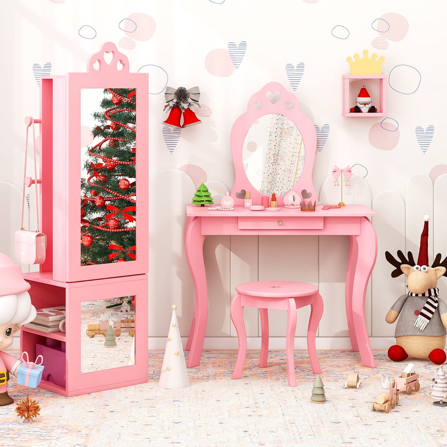 Princess Vanity Table and Stool Set Freestanding Jewelry Cabinet Armoire with Full-Length Mirror-Pink