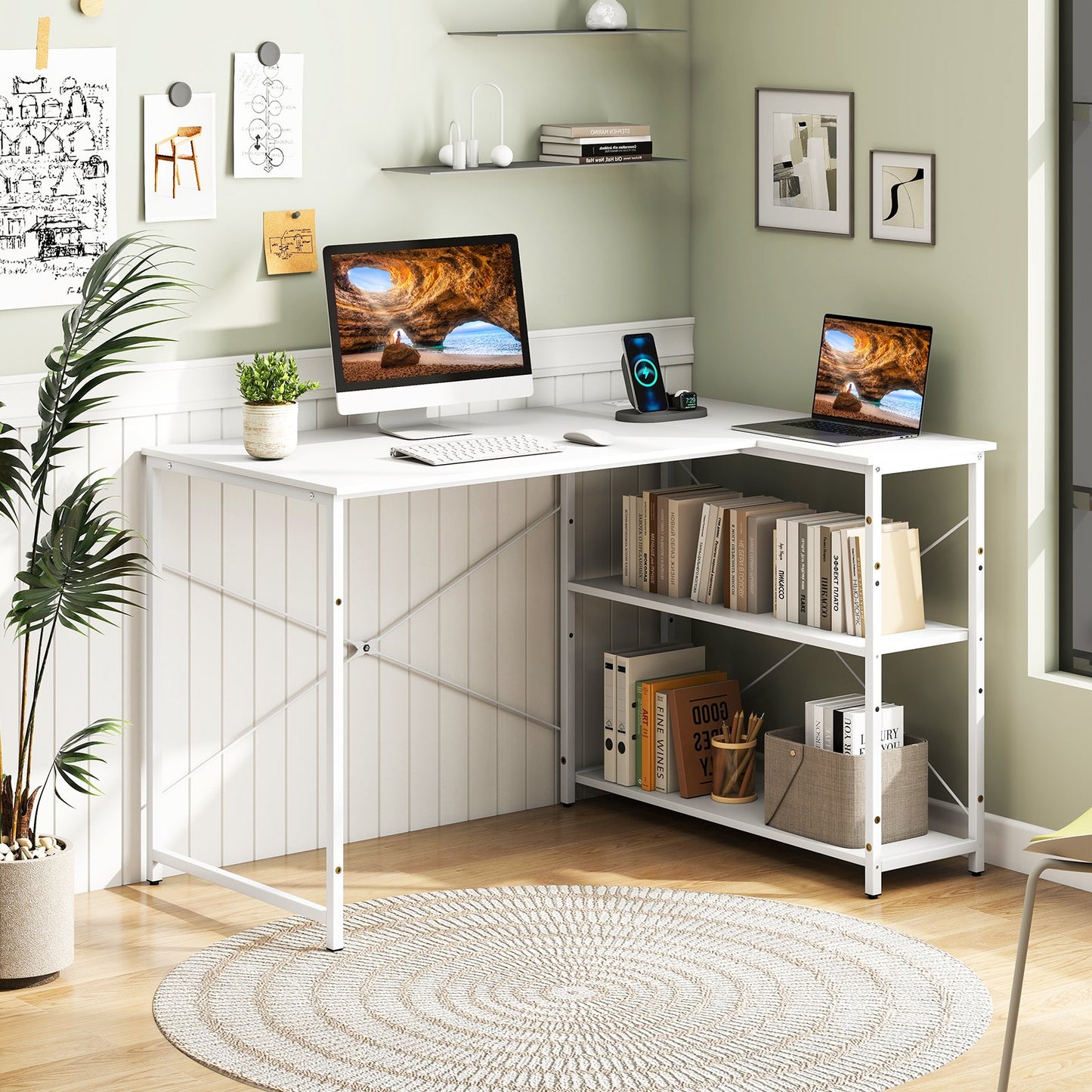 L-shaped 47 Inch Reversible Corner Desk with Adjustable Storage Shelves-Black