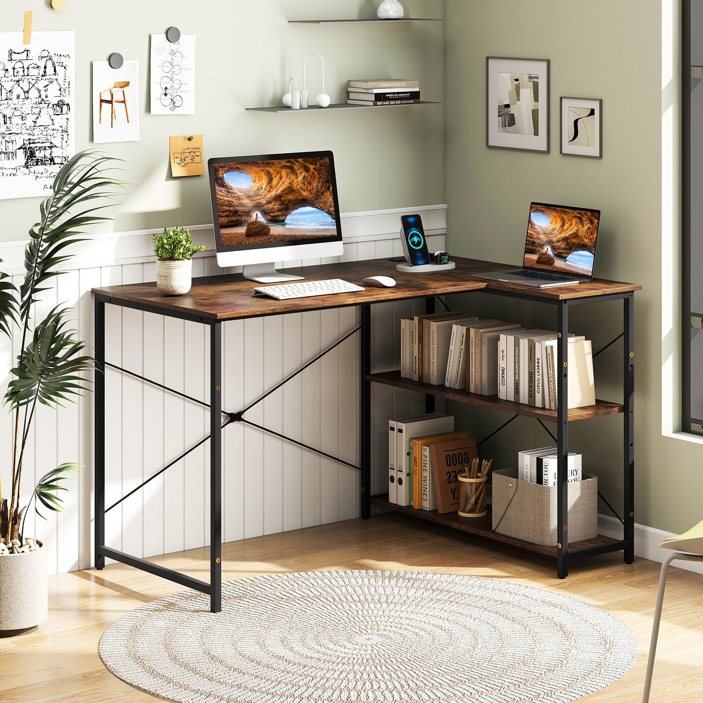 L-shaped 47 Inch Reversible Corner Desk with Adjustable Storage Shelves-Black
