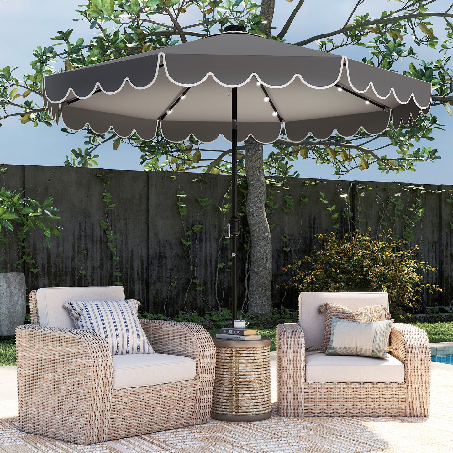 10 Feet Solar Patio Umbrella with 24 LED Lights-Beige