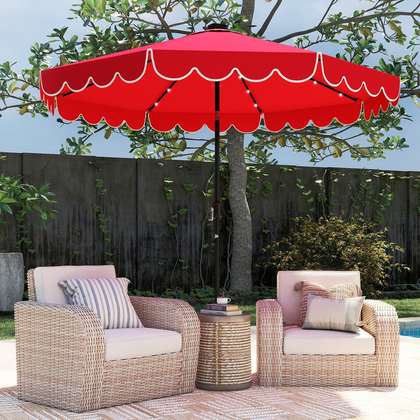 10 Feet Solar Patio Umbrella with 24 LED Lights-Beige