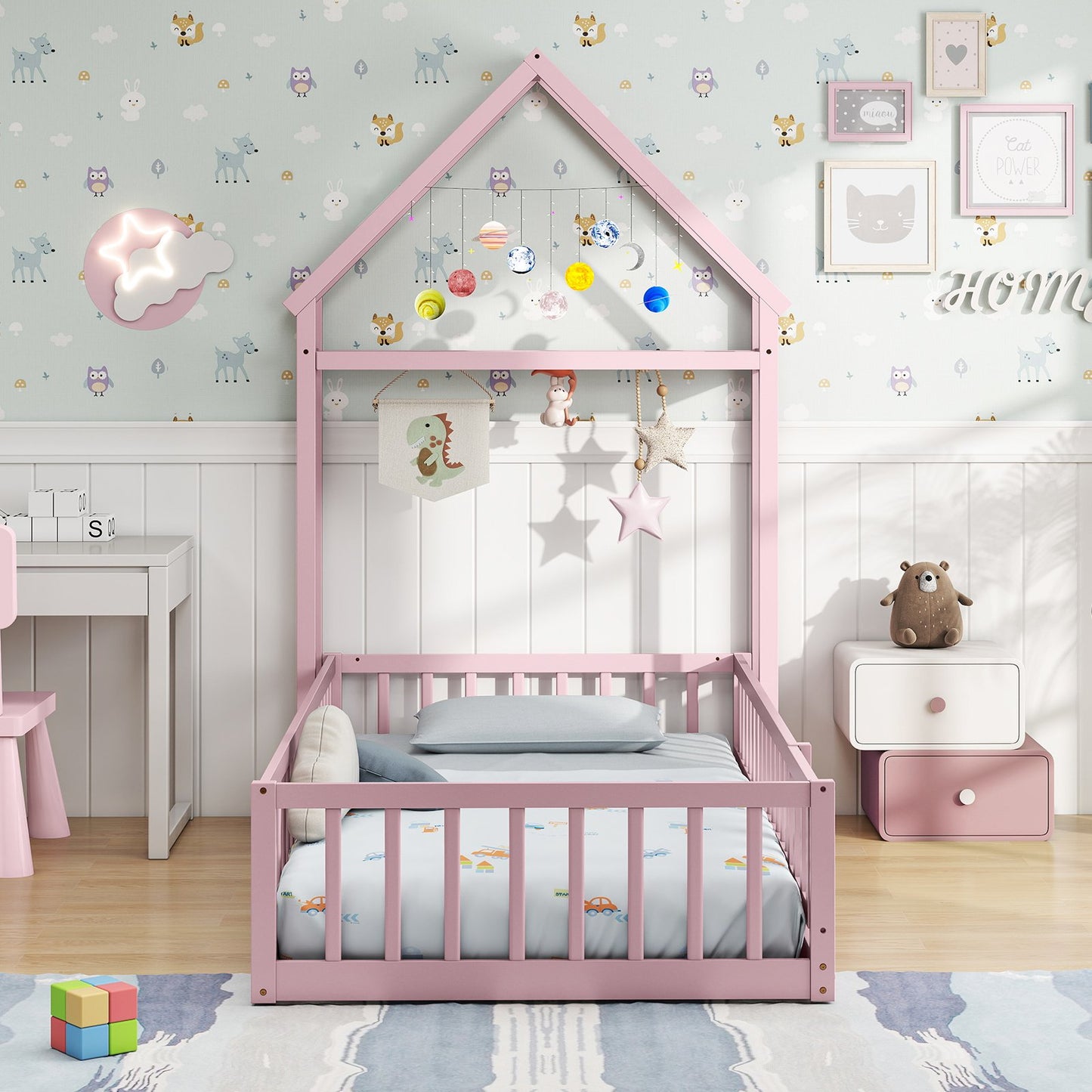 Twin Size House Floor Bed with House-shaped Headboard-Gray