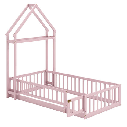 Twin Size House Floor Bed with House-shaped Headboard-Gray