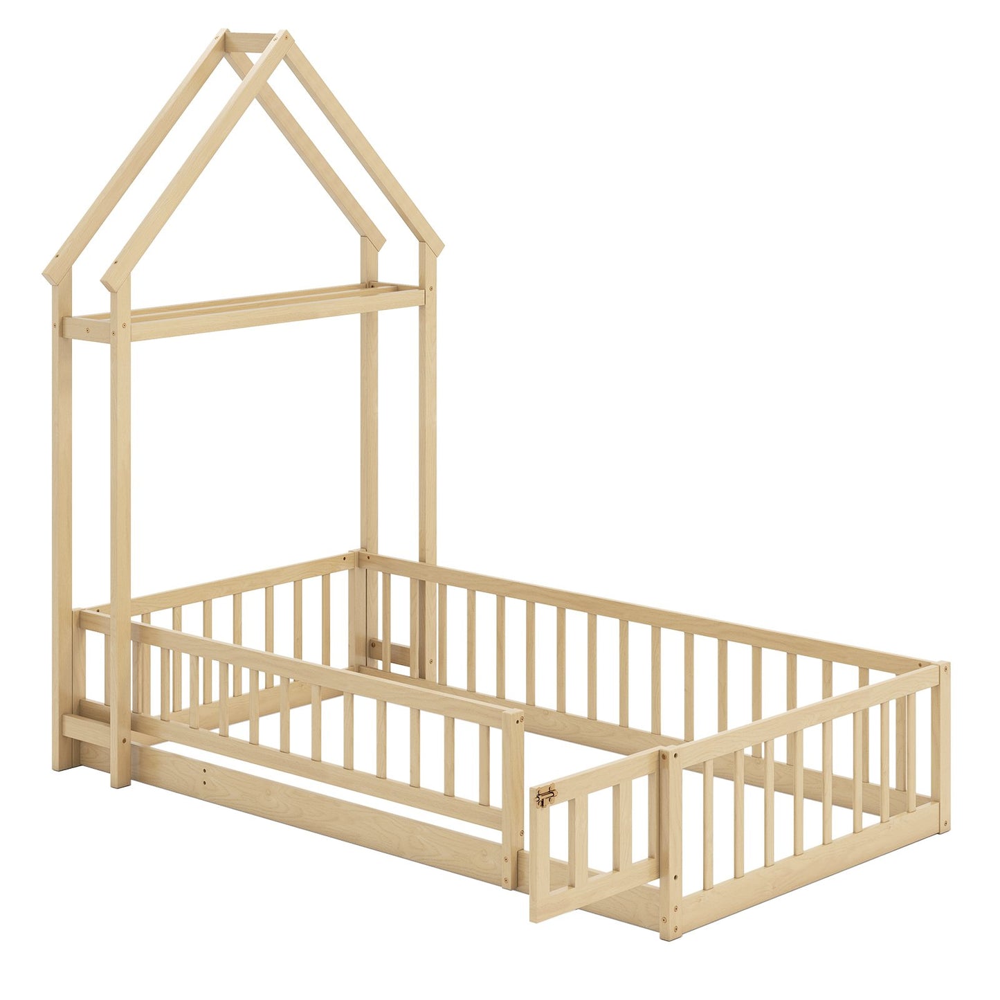 Twin Size House Floor Bed with House-shaped Headboard-Gray
