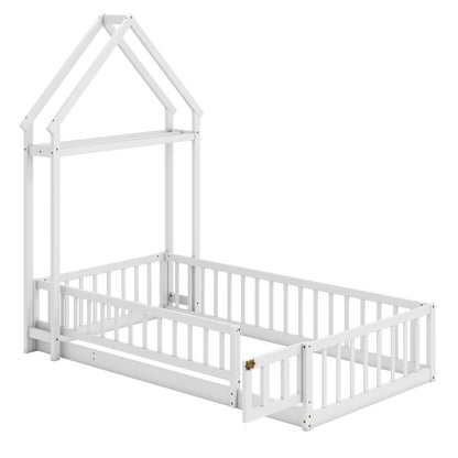 Twin Size House Floor Bed with House-shaped Headboard-Gray