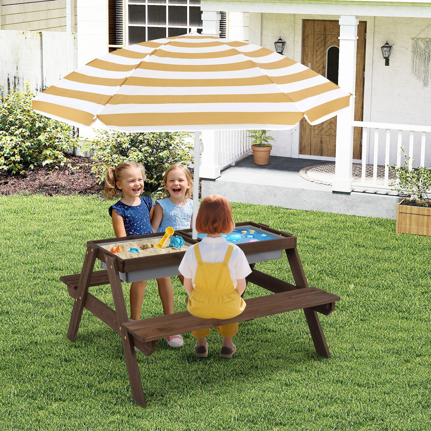 3-in-1 Kids Outdoor Picnic Water Sand Table with Umbrella Play Boxes-Blue