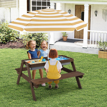 3-in-1 Kids Outdoor Picnic Water Sand Table with Umbrella Play Boxes-Blue