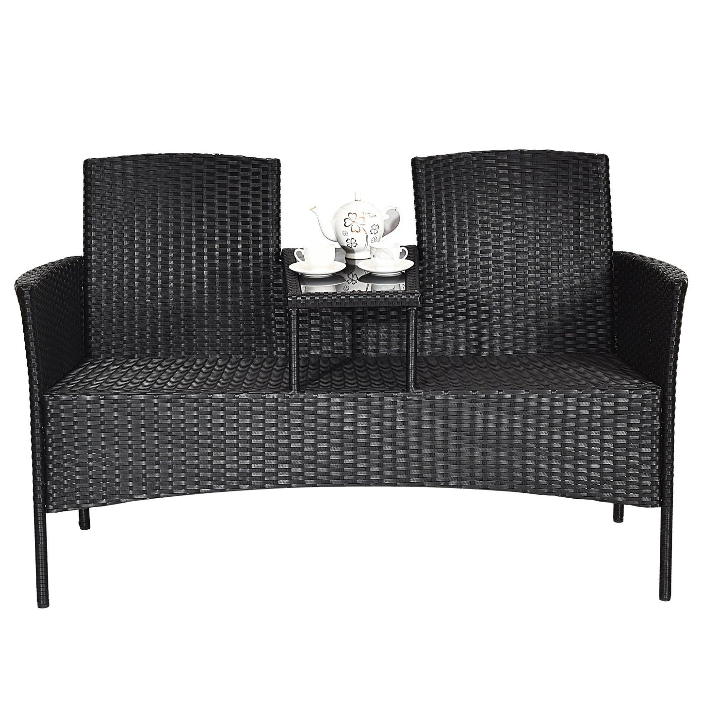 Modern Patio Conversation Set with Built-in Coffee Table and Cushions-Beige